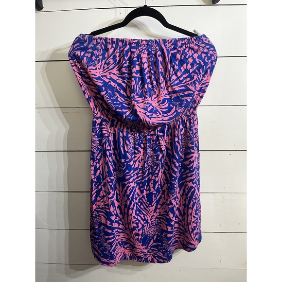 Lilly Pulitzer Windsor Strapless Mini Dress Pink Blue Zebra Pima Cotton Sz L - Picture 3 of 5